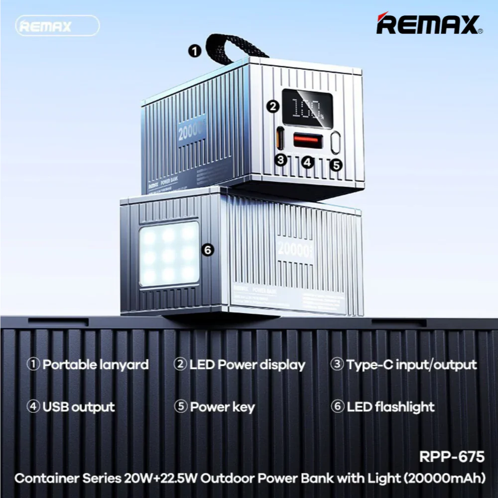 REMAX RPP-675 20000MAH CONTAINER SERIES 20W+22.5W PD+QC OUTDOOR POWER BANK WITH LED LIGHT (INPUT-TYPE-C) (OUTPUT-TYPE-C/USB)