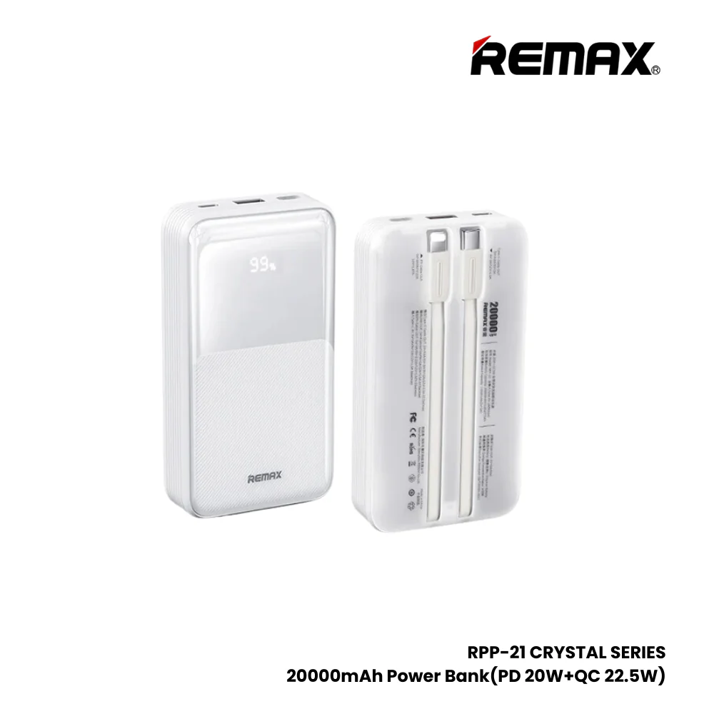 REMAX RPP-21 20000MAH CRYSTAL SERIES 20W+22.5W PD+QC WITH 2 FAST CHARGING CABLES POWER BANK (INPUT-TYPE C) (OUTPUT-USB A1/TYPE C CABLE /IPH CABLE)