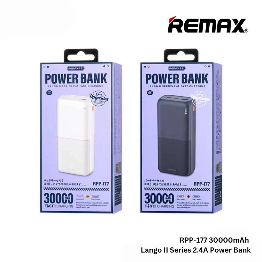 REMAX RPP-177 300000MAH LANGO II SERIES 2.4A FAST CHARGING POWER BANK (INPUT-MICRO/TYPE-C) (OUTPUT-1USB/1TYPE-C) - Black , White