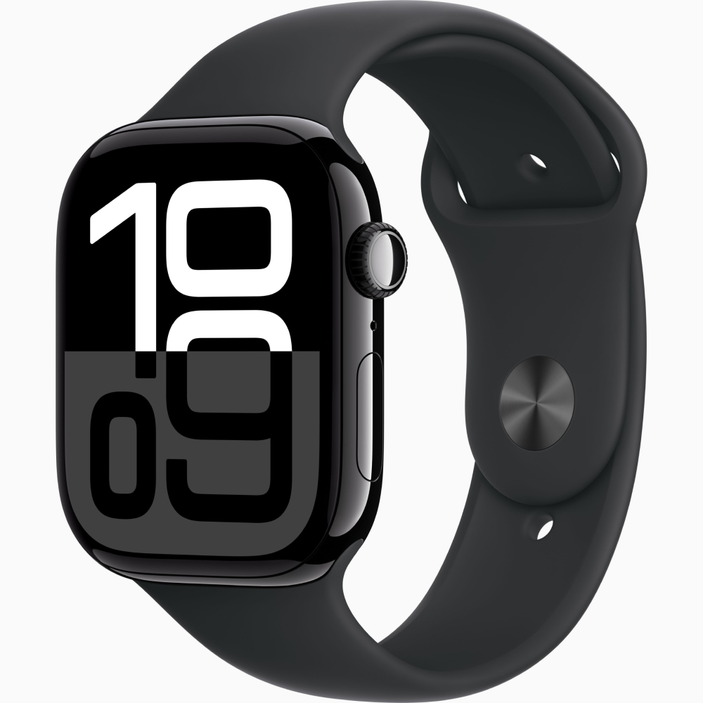 Apple Watch Series 10 GPS 46mm - Jet Black Aluminium Case with Black Sport Band (S/M)}