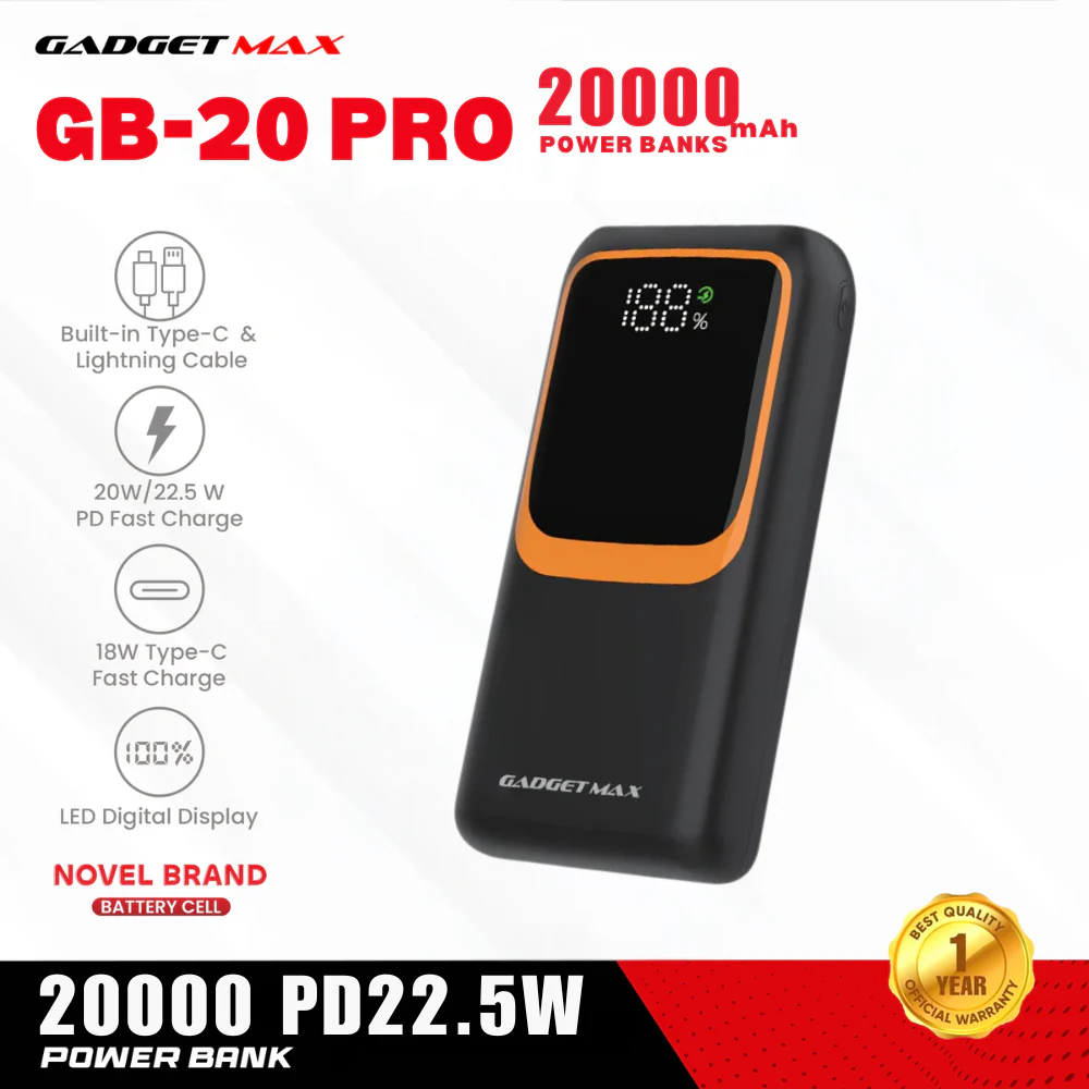 GADGET MAX GB-20 Pro 20000mAh PD+QC Fast Charging Power Bank(PD 20W+QC 22.5W) - Black