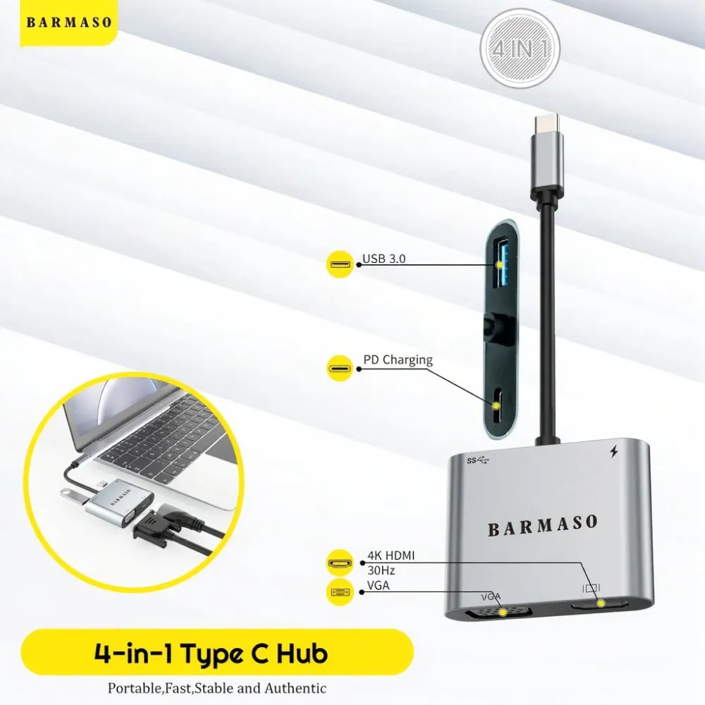 BARMASO 4-in-1 USB-C Hub – 4K HDMI & VGA Dual Display
