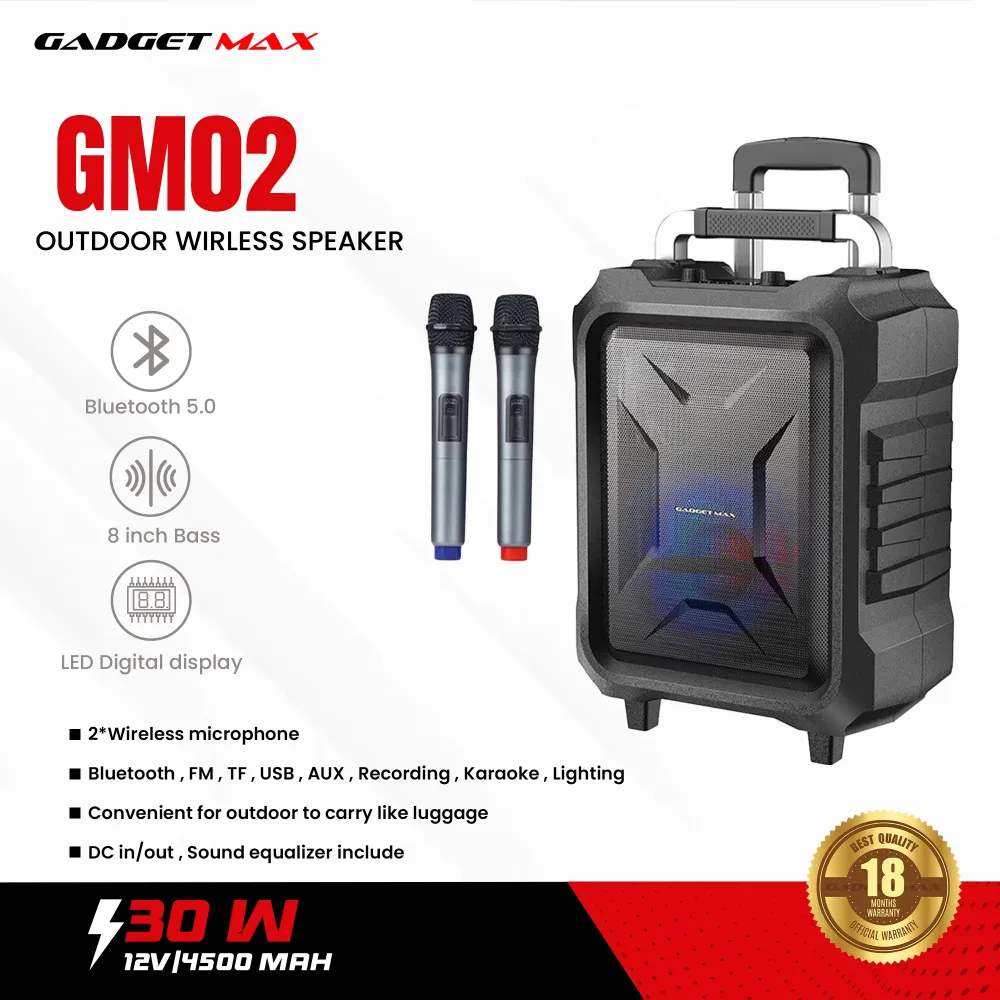 Gadget Max GM 02 Karaoke Speaker - 8-inch Bass with Dual Wireless Mics