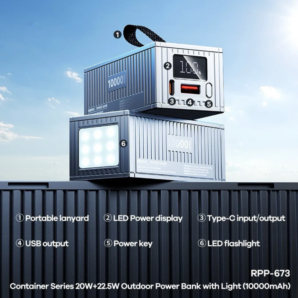 REMAX RPP-673 10000MAH CONTAINER SERIES 20W+22.5W PD+QC OUTDOOR POWER BANK WITH LIGHT (INPUT-TYPE-C) (OUTPUT-USB/TYPE-C)